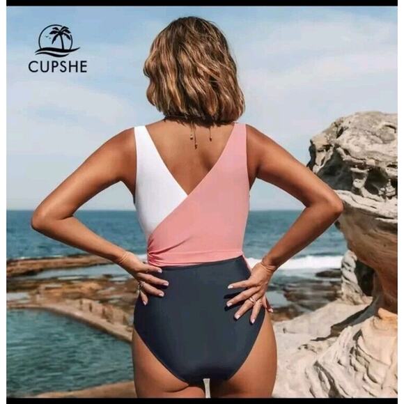 NEW!! CUPSHE SIZE S Pink Navy Blue Color Block Wrap Tie One Piece Swimsuit - Picture 5 of 10